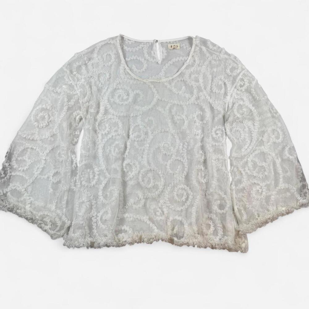 POL Sheer Mesh Appliqué Top Women’s S White Boho Romantic